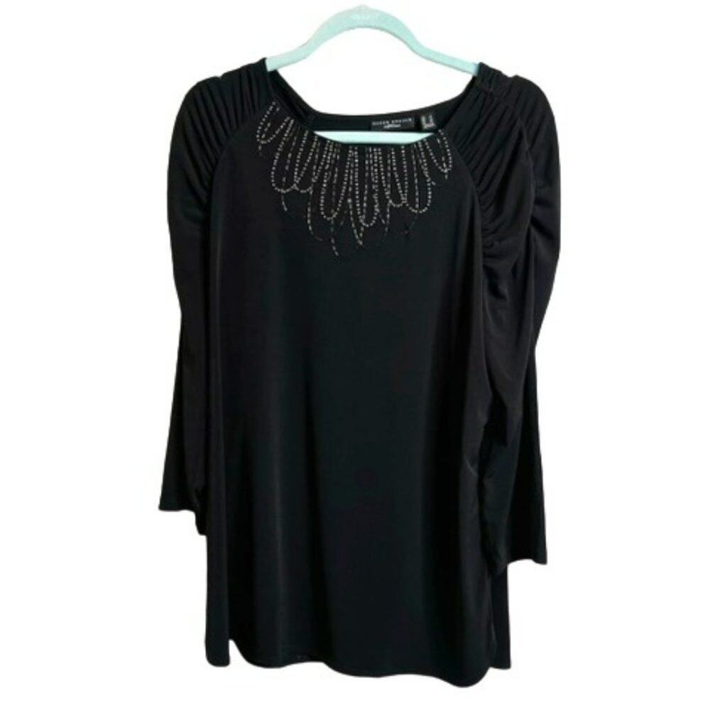 Susan Graver Artisan Black Beaded Top with Rouched Sleeves Sz L